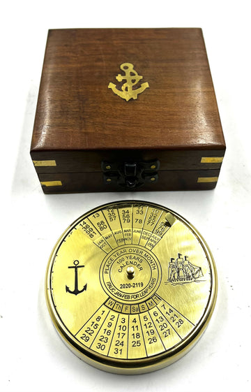 Shiny Finish Brass Calendar Paper Weight with wood box Maritime Gift Item- on Lucasgift