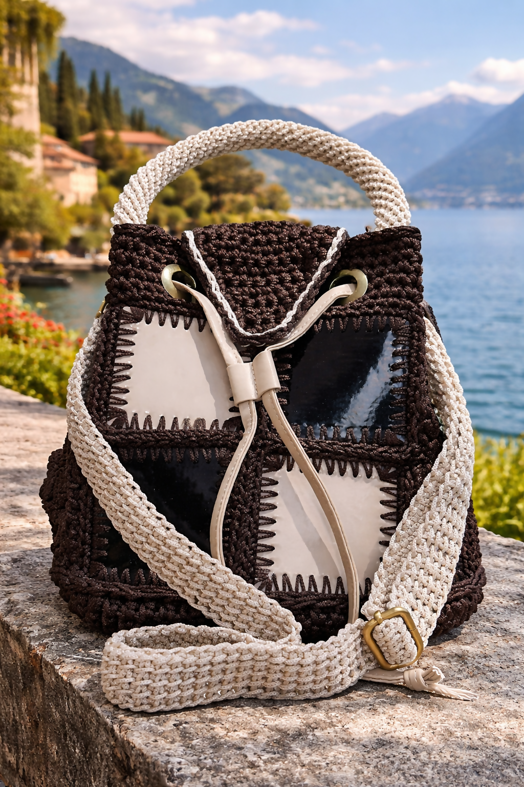 “Urban Geometry” – Handmade Bucket Bag in Dark Brown & Ecru- on Lucasgift