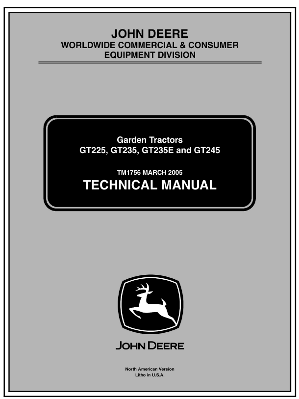 JOHN DEERE GT225 GT235 GT235E LAWNMOWER TRACTOR MANUAL SERVICE TECHNICAL REPAIR- on Lucasgift