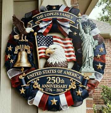 Personalized America 250th Anniversary Wood Wreath 1776-2026 Patriotic Door Sign Semiquincentennial Family Name Decor- on Lucasgift