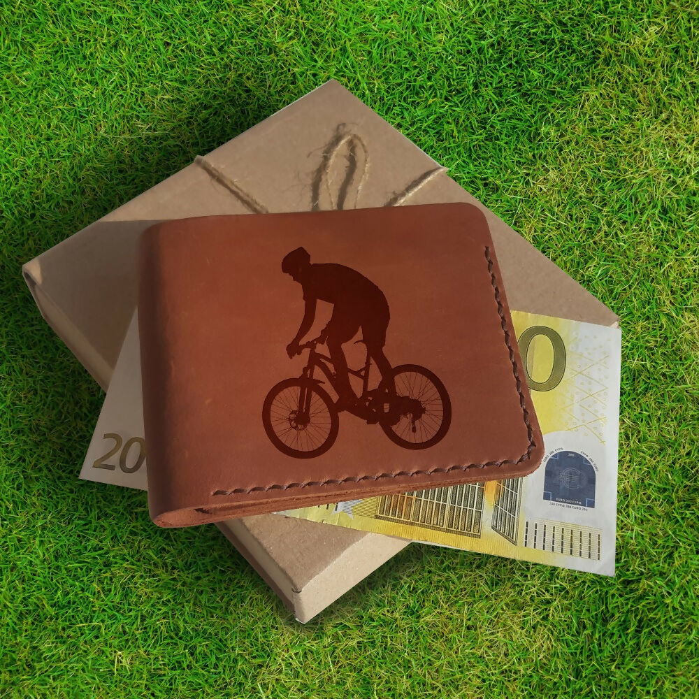 Bicycle Gifts One Year Anniversary Gift for Boyfriend, Personalized Leather Wallet, Engraved Custom Wallet, Slim Bifold Wallets for Men- on Lucasgift