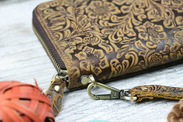 Women's Leather Zip Wallet with Flower Embossing , Real Leather, Same Day Shipping, Free Shipping US-Lucasgift