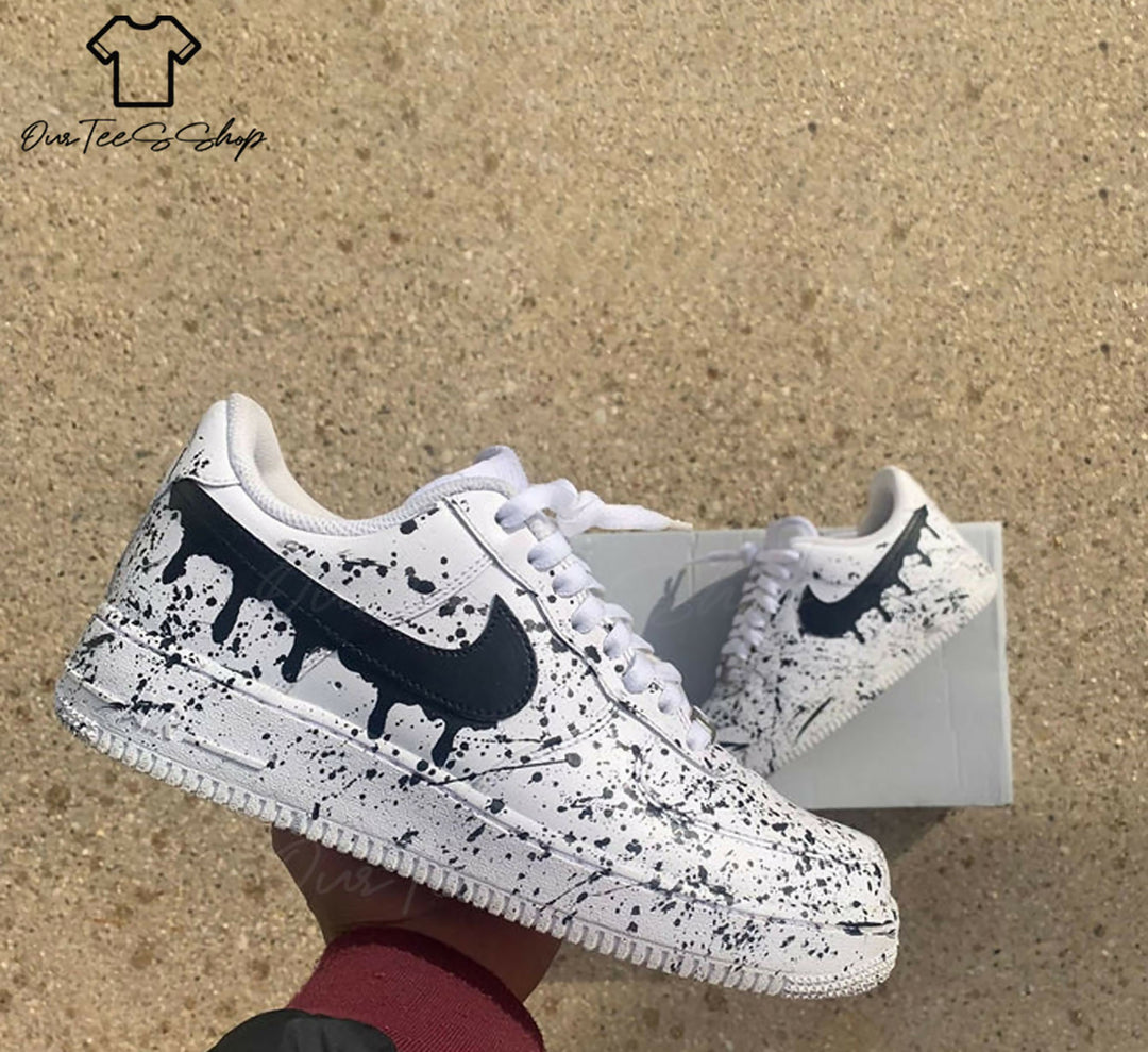 Custom Black Drip Splatter AF1 Sneakers, Hand Painted Personalized Shoes