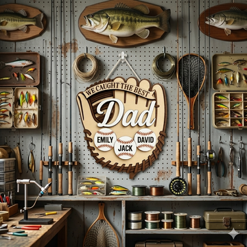 Custom We Caught The Best Dad Wooden Sign, Wooden Baseball Glove, Custom Baseball Gift- on Lucasgift