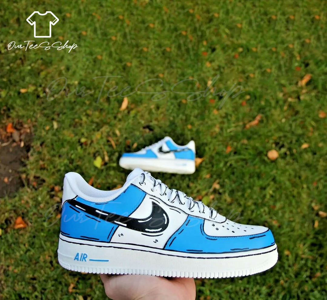 Custom Blue Black Cartoon AF1 Sneakers, Hand Painted Personalized Shoes