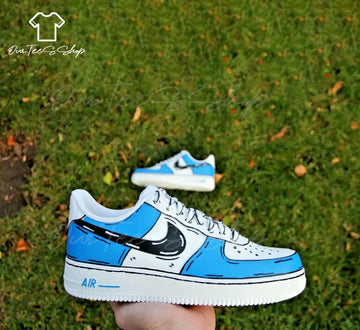 Custom Blue Black Cartoon AF1 Sneakers, Hand Painted Personalized Shoes