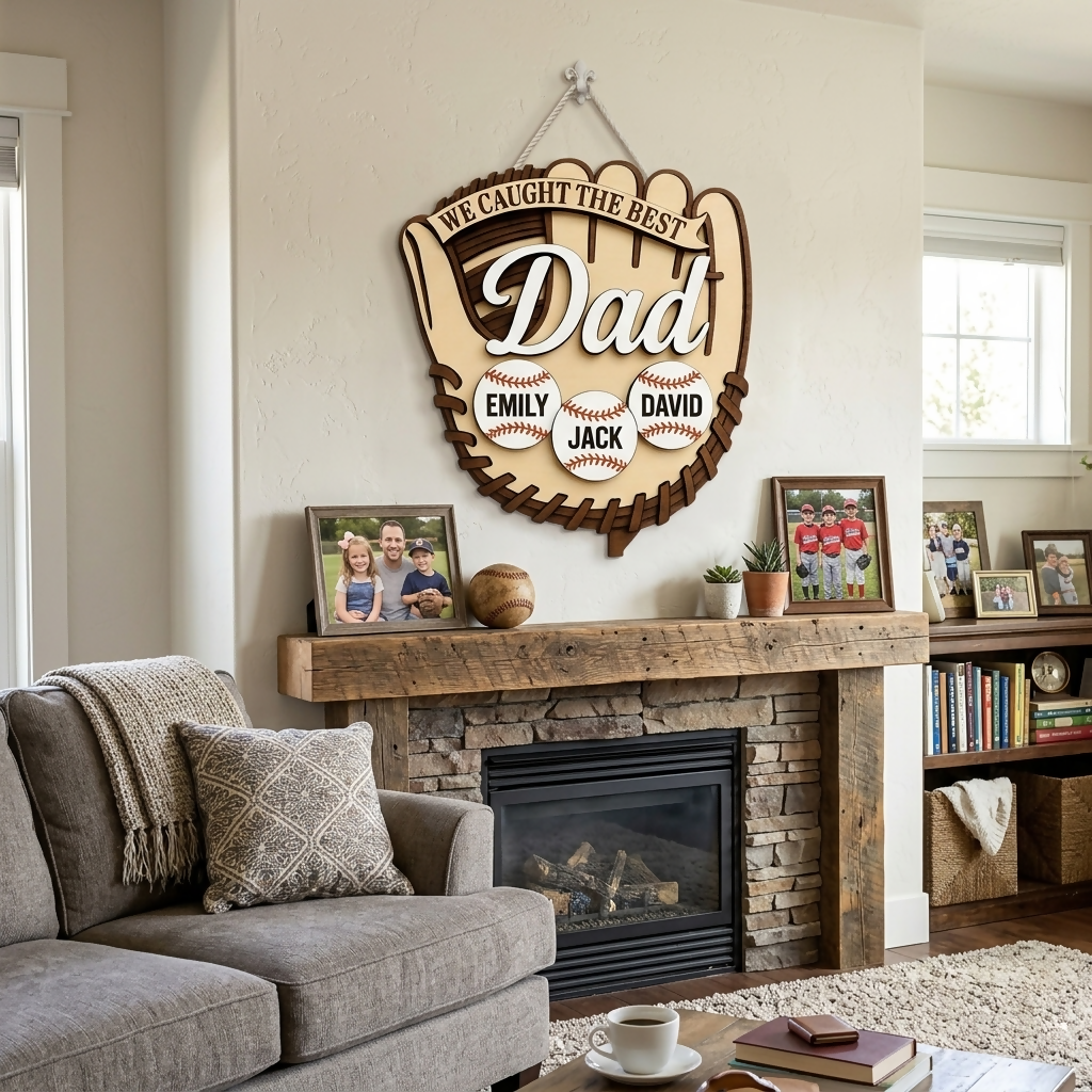 Custom We Caught The Best Dad Wooden Sign, Wooden Baseball Glove, Custom Baseball Gift- on Lucasgift