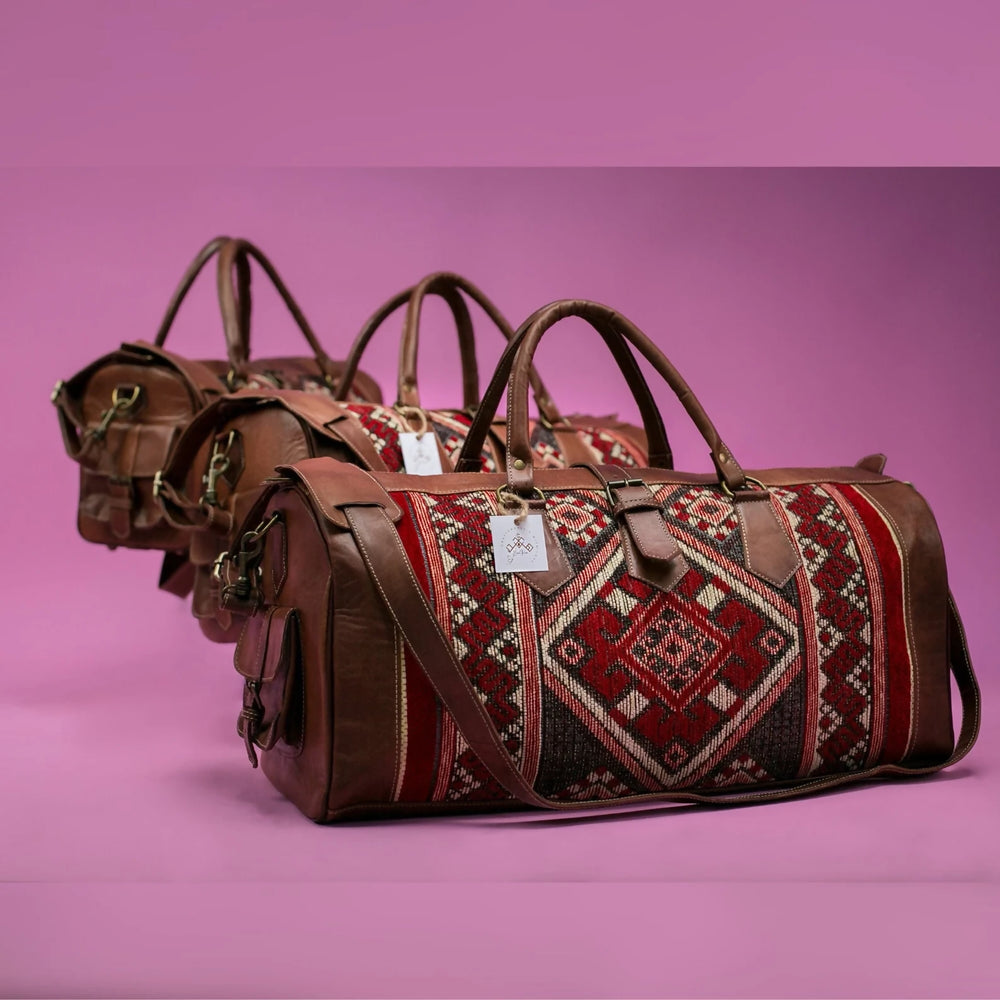Personalized Kilim Travel Bag With Original Leather, Weekender Leather Bag for Woman or men, Red Carpet Travel Bag, Carp- on Lucasgift