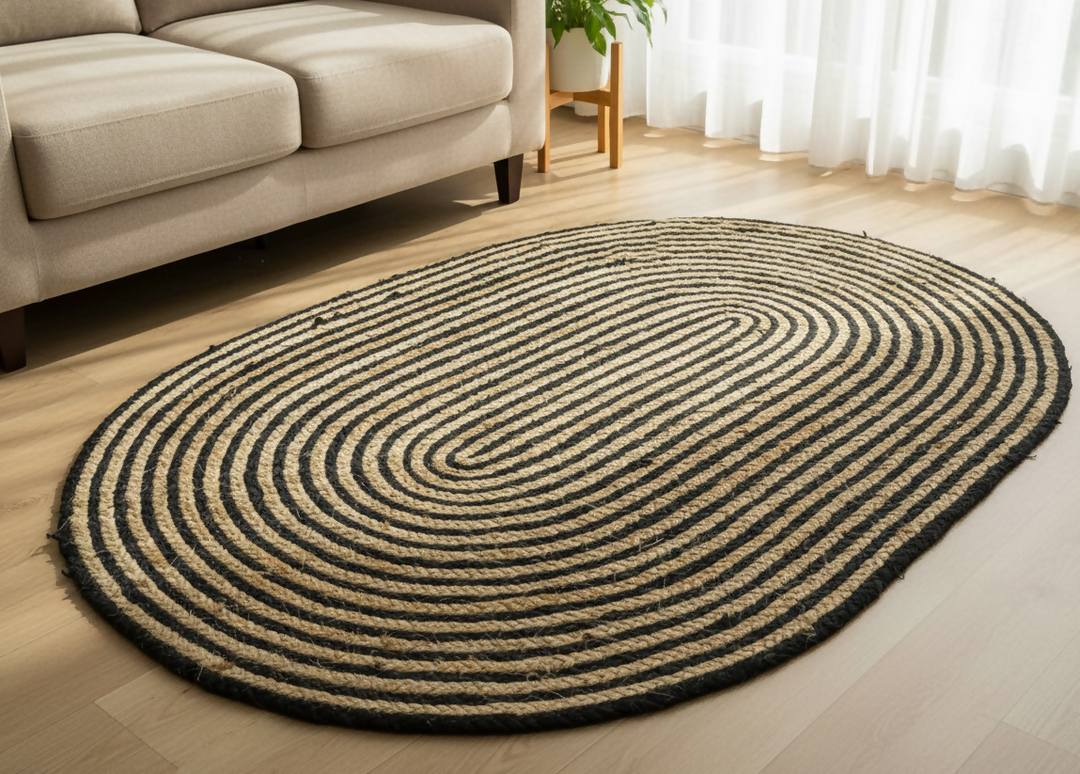 Sonia Artisan Collections | Handmade Oval Jute Rug | Black & Natural Striped Design | Bulk Export Only- on Lucasgift