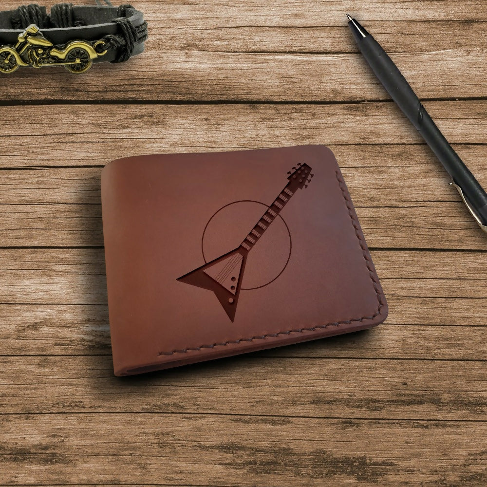 Guitar Gifts, Personalized Wallet, Custom Bifold Fine Mens Leather Front Pocket Wallet, Engraved Electric Guitar Small Leather Wallet- on Lucasgift