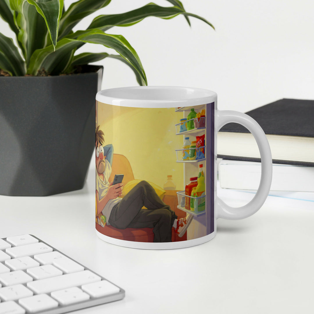 Between Scrolls and Snacks – Cozy Humor Mug- on Lucasgift
