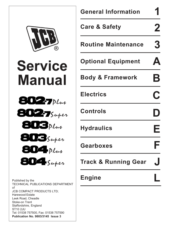 JCB 802.7, 803, 804 Plus/Super Mini Excavator Repair Service Manual- on Lucasgift