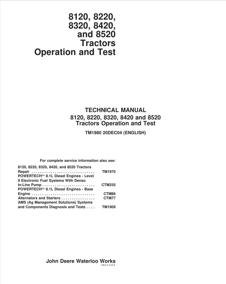 John Deere 8120 8220 8320 8420 8520 Operation and Test Manual TM1980- on Lucasgift
