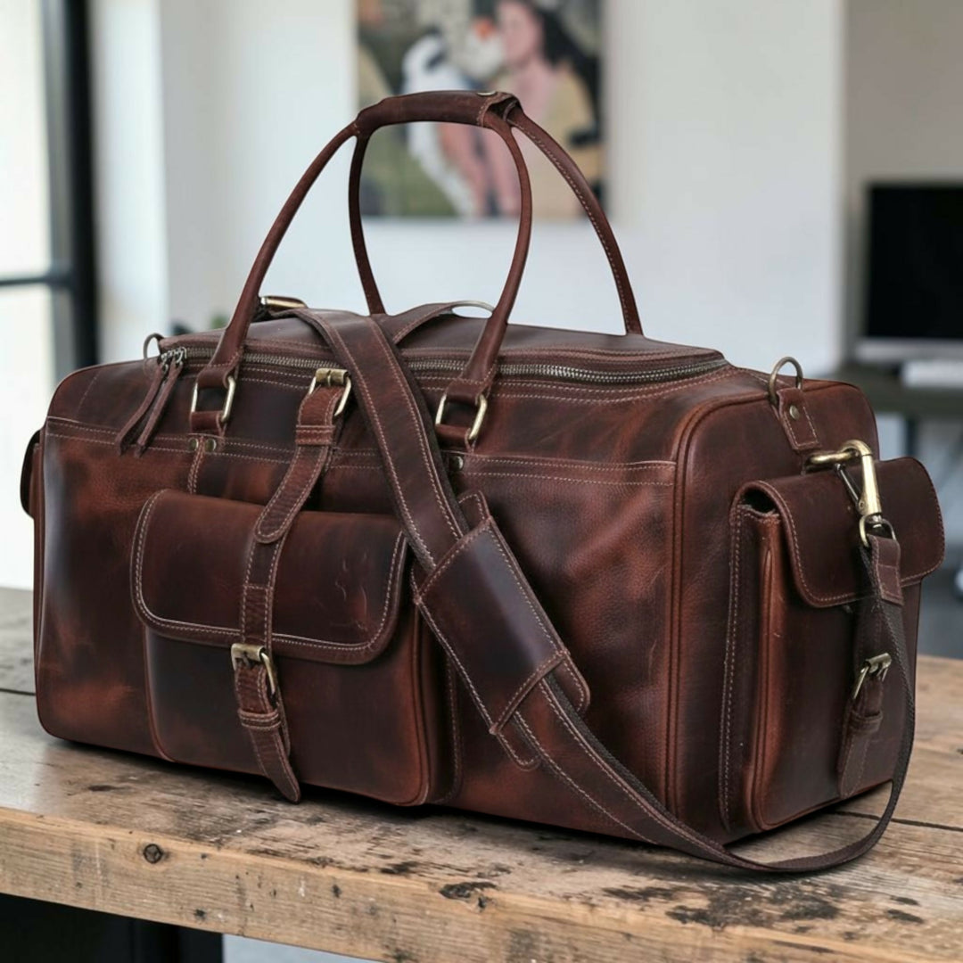 Personalized Full Grain Leather Duffle Bag: Rustic Weekender Travel Gym Bag- on Lucasgift