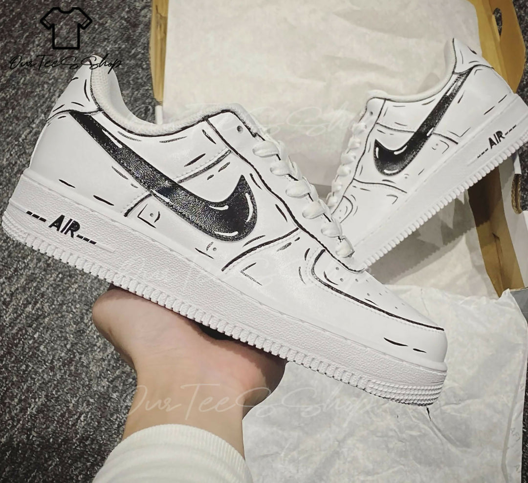 Custom Black Outline AF1 Sneakers, Hand Painted Personalized Shoes