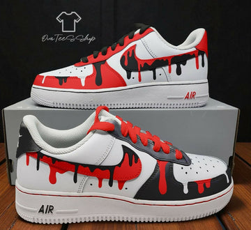 Custom Red Black White Drip AF1 Sneakers, Hand Painted Personalized Shoes