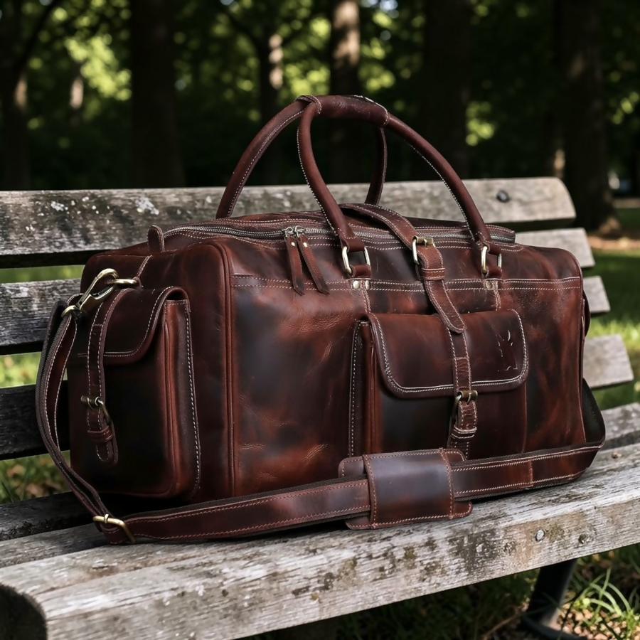 Personalized Full Grain Leather Duffle Bag: Rustic Weekender Travel Gym Bag- on Lucasgift