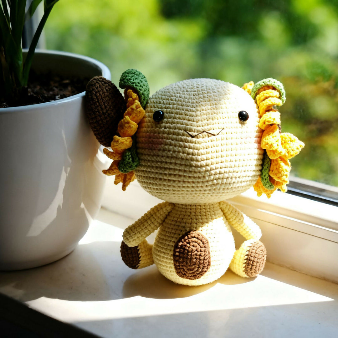Sunflower Ear Axolotl Crochet Plush | Handmade Knitted Stuffed Animal | Kawaii Decor Gift- on Lucasgift