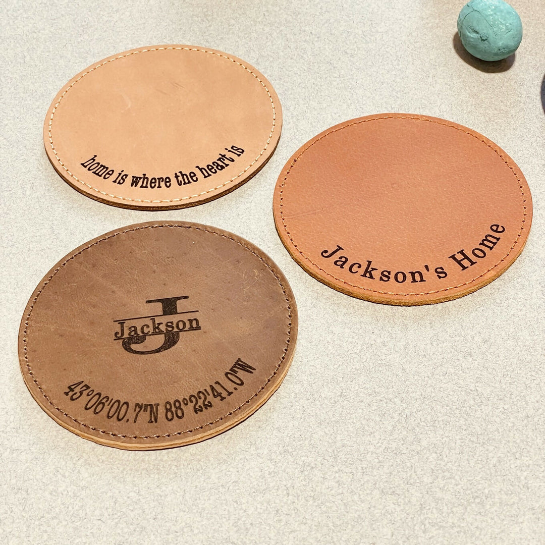 PERSONALIZED COASTERS, Customized Round Whiskey Coasters, 3rd Anniversary Leather Gift For Husband/Wife