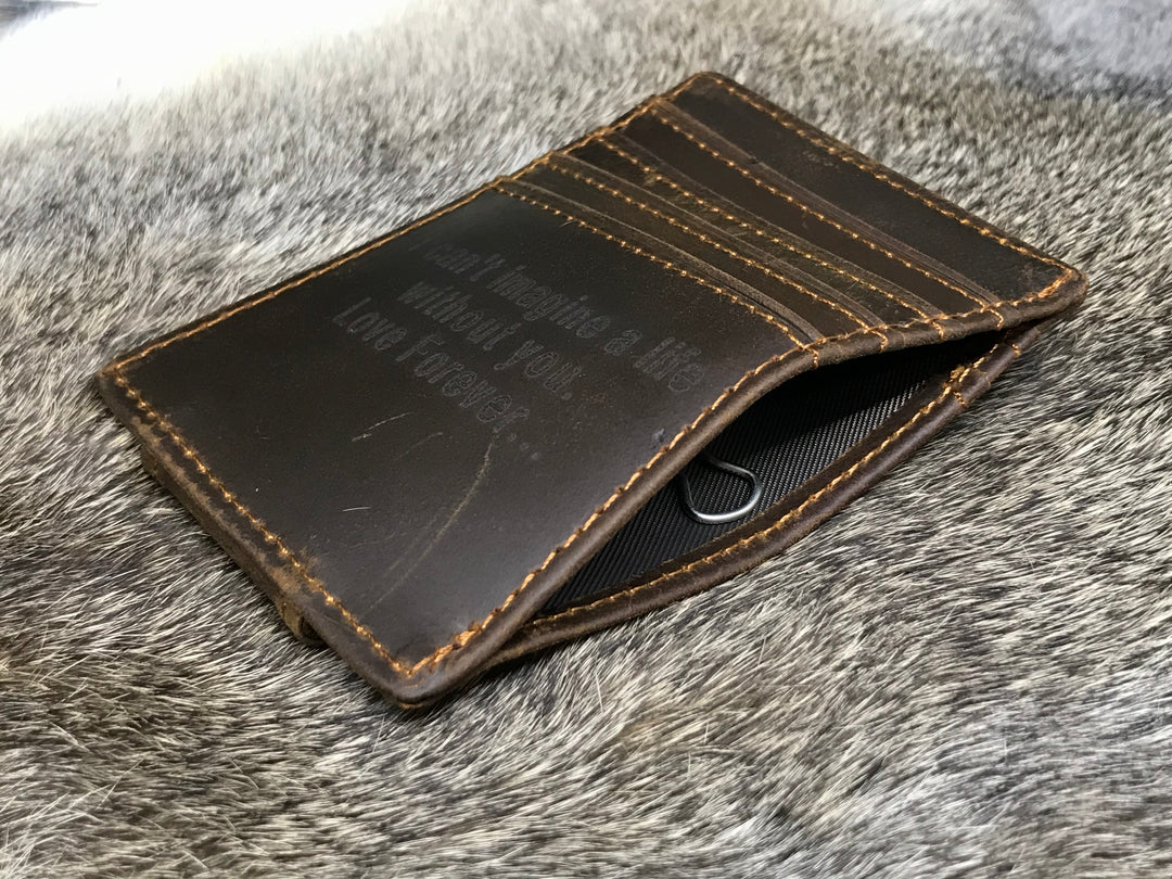 Premium Leather Brown Money Clip Wallet, Leather Card Holder, Minimalist Engraved Money Clip Groomsmen Gift, Durable Men's Money Clip. Made in Ukraine